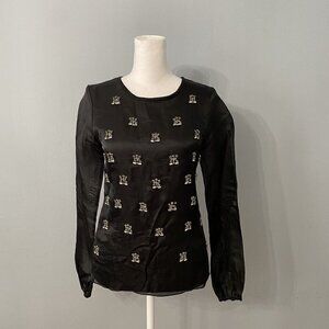 Miri Sweater Embellished Gems Sheer Sleeves Stones XS Black Silver